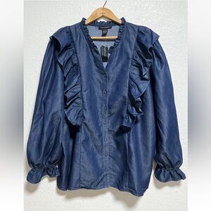 *NWT Ashley Stewart Plus Size Ruffle Chambray long Sleeve Shirt Size 28